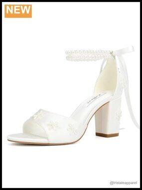 Pearl Block Heel Wedding Sandals Satin Bridal Heels for Bride